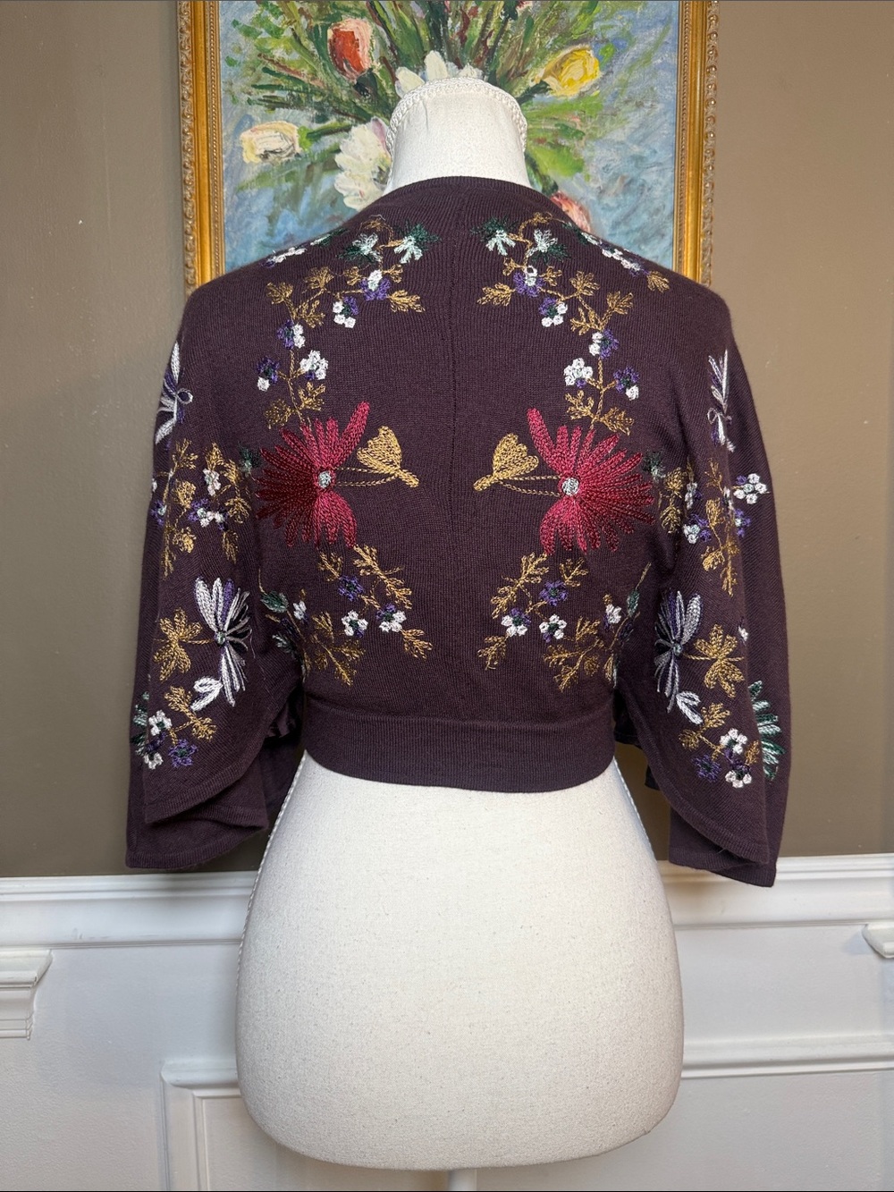 Arden B Y2K Silk Cashmere Beaded Embroidered Tie Front Shrug XS - Picture 3 of 11